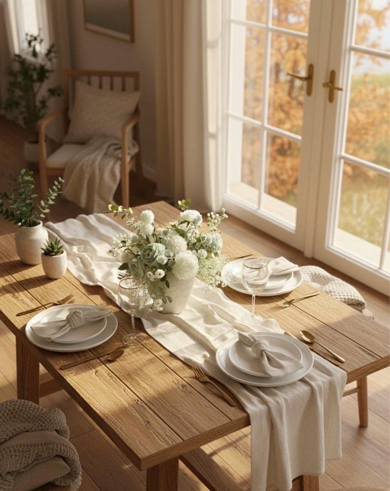 K&ouml;nnte beinhalten: Ein Holztisch, der f&uuml;r eine Mahlzeit gedeckt ist. Der Tisch ist mit wei&szlig;en Tellern, Servietten und goldfarbenem Besteck geschm&uuml;ckt. Eine wei&szlig;e Vase enth&auml;lt einen Blumenstrau&szlig;, und ein cremefarbener Tischl&auml;ufer sorgt f&uuml;r einen Hauch von Eleganz. Der Tisch steht in der N&auml;he eines Fensters.