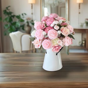 Pink Rose Artificial Flower Arrangement: Farmhouse Jug Vase Centerpiece