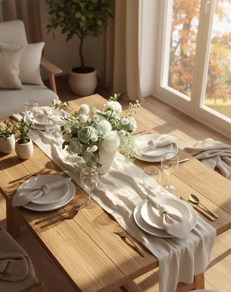 K&ouml;nnte beinhalten: Ein Holztisch, der f&uuml;r eine Mahlzeit gedeckt ist. Der Tisch ist mit wei&szlig;en Tellern, Servietten, goldfarbenem Besteck und Weingl&auml;sern geschm&uuml;ckt. Ein Blumengesteck aus wei&szlig;en und gr&uuml;nen Blumen steht in einer wei&szlig;en Vase. Ein cremefarbener Tischl&auml;ufer sorgt f&uuml;r Eleganz.