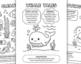 May include: A set of three black and white coloring pages with ocean themes, including a whale, fish, and sea creatures. The text reads "Color & Wonder Creative Thinking for Curious Kids". Includes a PDF file download.