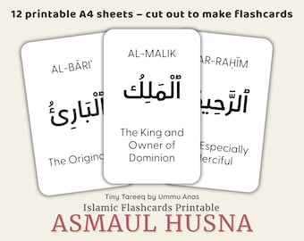 Asmaul Husna Bildkarten: 99 Namen Allahs, Islamisches Lernen (Schwarz-Weiß druckbare PDF)