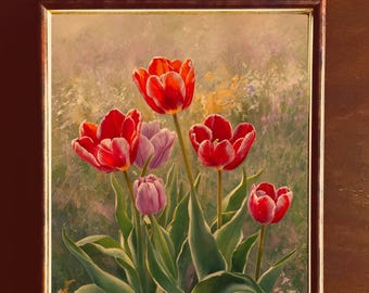 Tryck av röda lavendeltulpaner: Vintage botanisk väggkonst (digital nedladdning, PDF/PNG-filer)