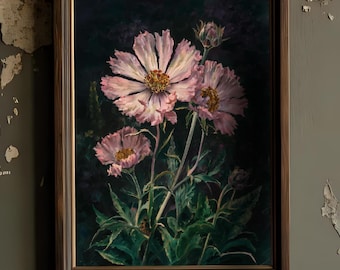 Różowy kwiat kosmosu: nastrojowa sztuka botaniczna w stylu vintage (do pobrania w wersji cyfrowej)