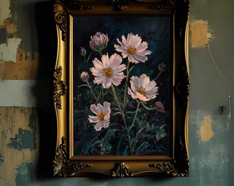 Moonlit White Cosmos Print | Night Garden Floral Art | Digital Botanical Poster | Instant Download
