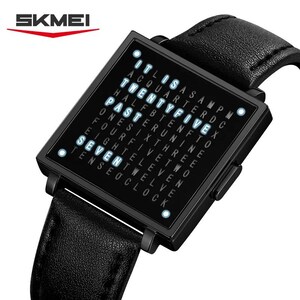 May include: Black SKMEI digital watch with a square face and a black leather band. The watch face displays the time using illuminated white words. The time shown is "Twenty Five Past Seven". The SKMEI logo is in the upper left corner.