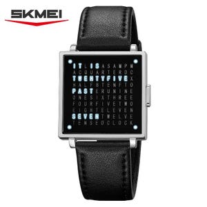 May include: A black SKMEI watch with a square face and a black leather strap. The watch face displays the time using words. The watch has a silver-coloured case and a black leather strap.