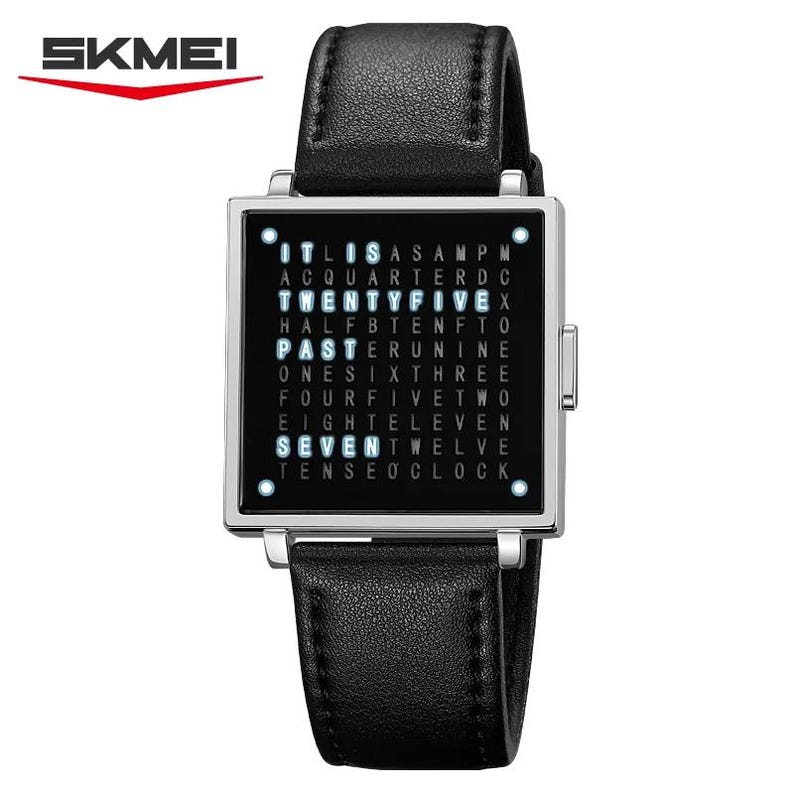 May include: A black SKMEI watch with a square face and a black leather band. The watch face displays the time using words. The watch has a silver-colored case and a black leather strap.