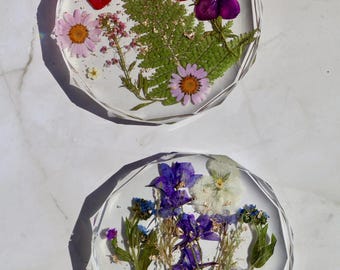 Diamond Edge Pressed Flower Coasters | Resin Floral Coaster Set Handmade Decor