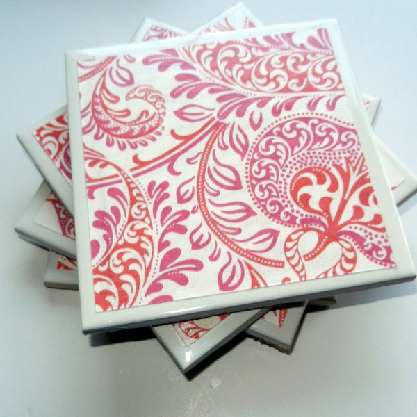 Christmas in July - CIJ - Coral and Pink Floral Coasters (Set of 4)