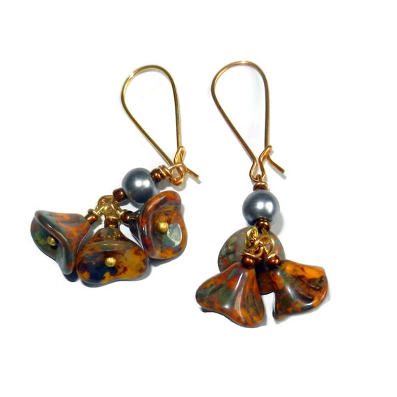 Items similar to Mustard and Grey Floral Drop Earrings with Pearls on Etsy