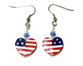 American Flag Polymer Clay Heart Earrings, American Pride Jewelry, Mothers Day Earrings