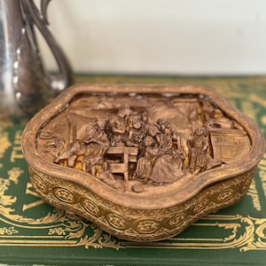 Antique Raised Relief Hammered Brass Trinket Box with Tavern Scenes, Victorian Age/Art Nouveau, Made in France 1870s-1900.