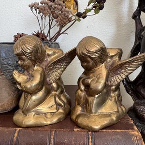 Vintage Brass Cherub Candlesticks/Candleholders, Praying + Bowing Angels