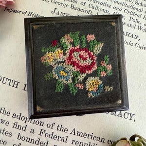 Vintage Brass Pill Box with Petit Point Floral Design, Mid-Century