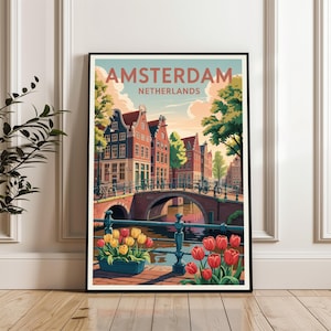 Amsterdam Travel Print, Amsterdam Poster Wall Art, Netherlands City Poster, Amsterdam Artwork, Travel Gift Netherlands