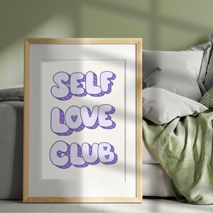 Arte de parede imprimível do Self Love Club | DOWNLOAD DIGITAL | Arte de parede digital retrô, autocuidado, decoração com citações positivas para quarto ou dormitório de meninas