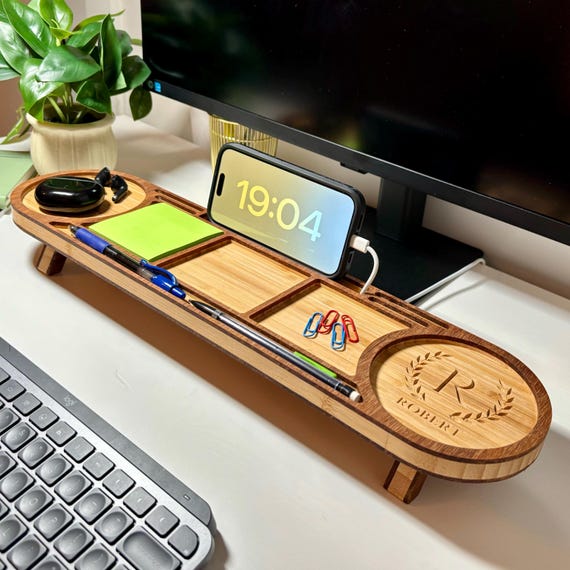 Personalized Desktop Organizer: Cubicle Decor with Pen Tray and Charging Station, Wood Desk Organizer Christmas Gift for Dad, Coworker, Boss