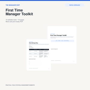 Puede incluir: Una descarga digital titulada First Time Manager Toolkit de The Manager Edit, que incluye 15 herramientas editables en 19 páginas en formatos Word y PDF. El documento contiene una plantilla de plan de 30 días con tablas de tareas.