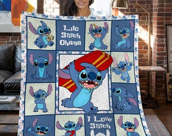 Lilo and Stitch Christmas Fleece Blanket, Lilo and Stitch Vintage Personalized Fleece Blanket, Personalized Fleece Blanket, Christmas Gifts
