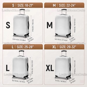 May include: Four white luggage covers, each labeled with a size: S, M, L, and XL. Each cover is on a rolling suitcase. The sizes are indicated in inches and centimeters, with dimensions ranging from 18-32 inches.