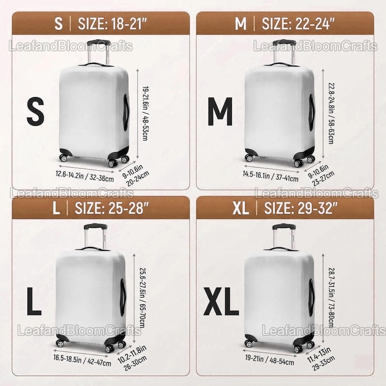 May include: Four white luggage covers, each labeled with a size: S, M, L, and XL. Each cover is on a rolling suitcase. The sizes are indicated in inches and centimeters, with dimensions ranging from 18-32 inches.