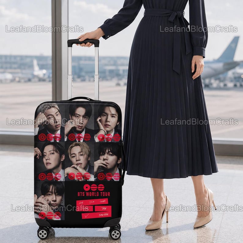May include: Black rolling suitcase featuring images of a musical group. The suitcase has a black handle and wheels. The text "BTS WORLD TOUR" is printed on the front, along with the group's logo and tour dates. The suitcase is being held by a person.