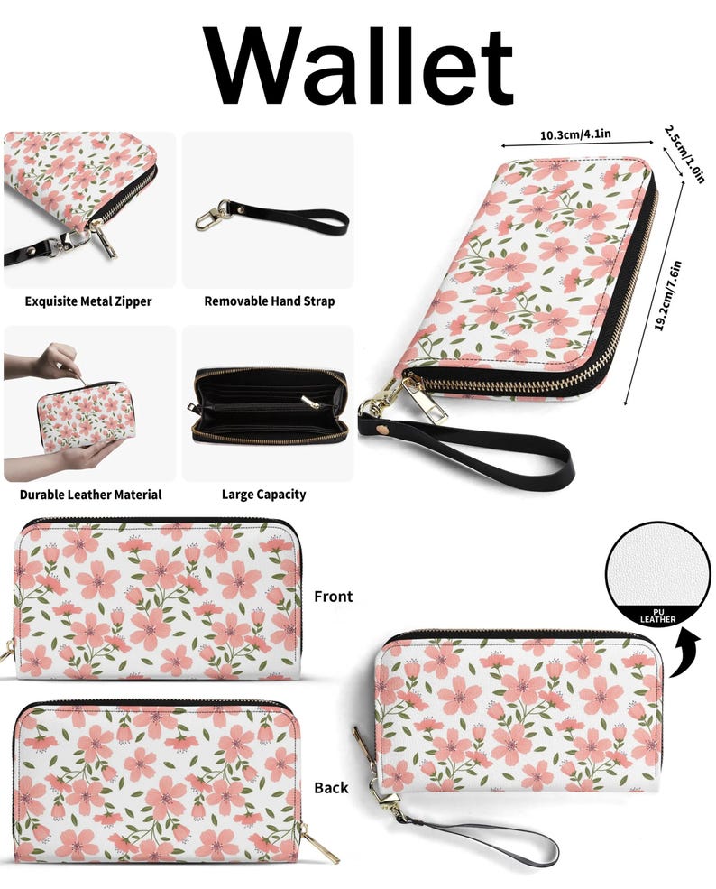 Op de afbeelding: Een witte portemonnee met een roze bloemenpatroon, voorzien van een metalen rits, een afneembare zwarte polsband en meerdere binnenvakken. De portemonnee meet 19,2 cm bij 10,3 cm bij 2,5 cm en is gemaakt van PU-leer.
