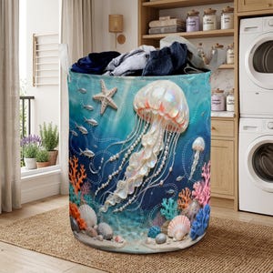 Könnte beinhalten: Ein zylindrischer Wäschekorb mit einer lebendigen Unterwasserszene mit einer großen Qualle, einem Seestern und Korallen. Das Design beinhaltet Blau-, Weiß- und Orangetöne. Der Korb ist mit Kleidung gefüllt.