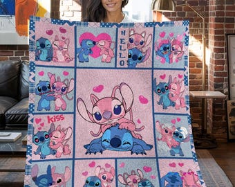 Lilo and Stitch Christmas Fleece Blanket, Lilo and Stitch Vintage Personalized Fleece Blanket, Personalized Fleece Blanket, Christmas Gifts