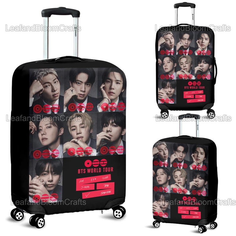 May include: Black rolling suitcase featuring a collage of portraits and the text "BTS WORLD TOUR" in red and white. The suitcase has a retractable handle and four wheels. The design includes the names of the band members.