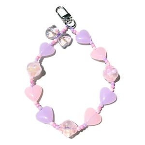 Milky Pink Jelly Beaded Phone Wrist Strap, Heart & Clouds Beaded Purse Charm, kawaii hearts bag charm accessory, friendship keychain