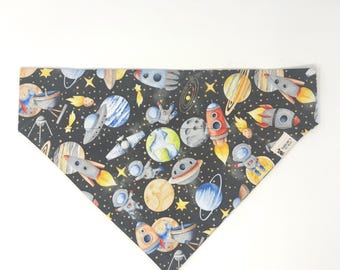 Space Dog Bandana: Rocket & Planet Print, Custom Embroidered Pet Scarf