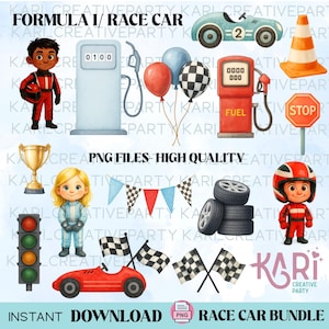 Op de afbeelding: Een verzameling aquarel illustraties met een Formule 1 raceauto thema. Inclusief raceauto's, coureurs, een benzinepomp, banden, vlaggen, een trofee en ballonnen. Tekst: "Formula 1/Race Car" en "Race Car Bundle".