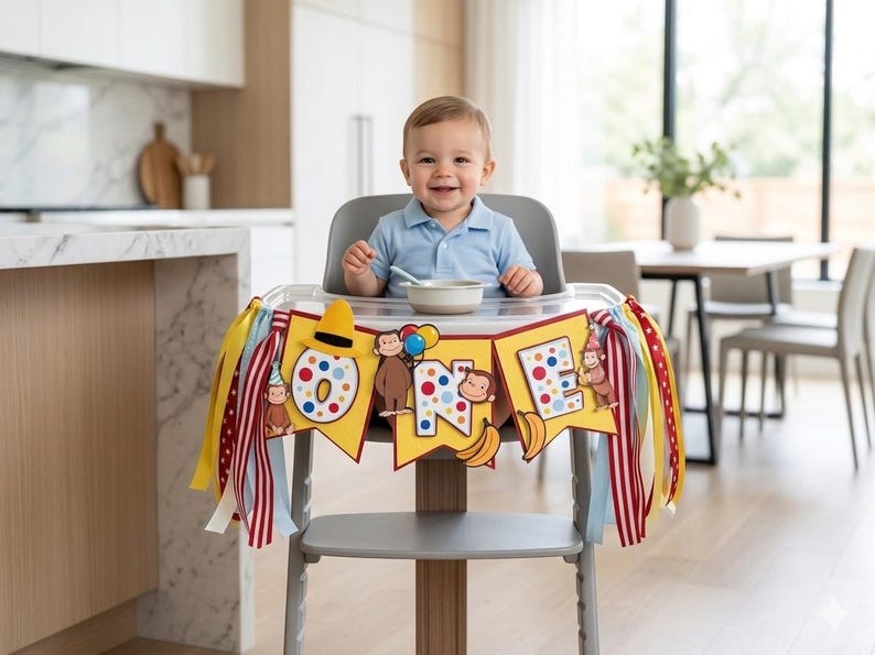 May include: A smiling baby sits in a high chair with a colorful banner that says "ONE". The banner features cartoon monkeys, bananas, and polka dots. Ribbons in yellow, red, and blue decorate the high chair.