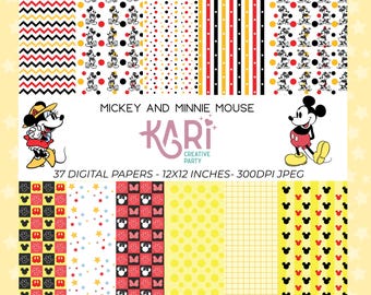 Könnte beinhalten: Eine Sammlung von 37 digitalen Papieren mit Mickey- und Minnie-Mouse-Designs. Die Papiere zeigen verschiedene Muster, darunter Punkte, Streifen und Charakterillustrationen in Rot, Schwarz, Gelb und Weiß. Die Papiere messen 30,48 cm x 30,48 cm.