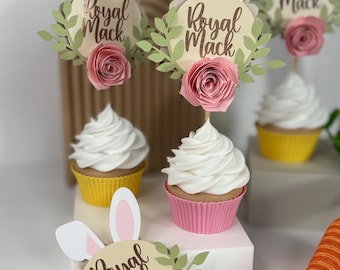 Personalized Bunny Cupcake Toppers – Spring Floral Party Decor for Baby Showers & Birthdays / Easter party decor / Easter cupcake toppers
