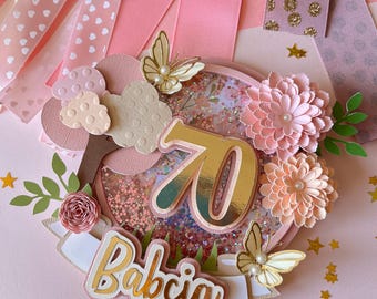 Floral Cake Topper | Garden Cake topper | 70th Birthday Cake Topper / Elegant Pink & Gold Birthday Decor/ Floral Party Decor