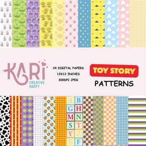 Op de afbeelding: Een verzameling van 24 digitale papieren met diverse patronen, waaronder karakterontwerpen, sterren, wolken en ruitpatronen. De papieren zijn 30,48 cm x 30,48 cm en 300 DPI JPEG. De tekst "TOY STORY PATTERNS" wordt weergegeven in een rode rechthoek.