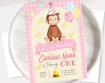 Girly Curios George birthday invite/ Editable Canva Template/ Curious George Invite/ Curious George birthday invitation