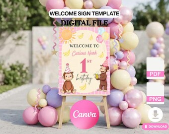 Curious George Welcome Sign | Editable Canva | Instant Download |Curious George birthday Welcome sign/ Curious George Party Decor