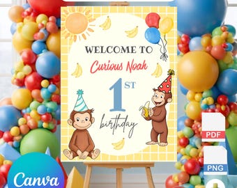 Curious George Welcome Sign | Editable Canva | Instant Download |Curious George birthday Welcome sign/ Curious George Party Decor