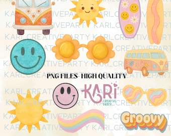 May include: A collection of watercolor illustrations with a retro theme. Includes a smiley face, sunglasses, a surfboard, a VW bus, and the word "Groovy". The text "Instant Download" and "Groovy Bundle" are also present.