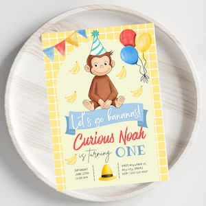 May include: A birthday invitation card featuring a brown monkey wearing a blue and white striped party hat, surrounded by yellow bananas, colorful balloons, and bunting. The text reads Let's go bananas! Curious Noah is turning ONE.