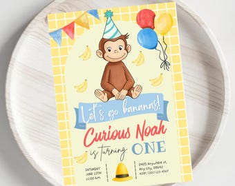 Curios George birthday invite/ Editable Canva Template/ Curious George Invite/ Curious George birthday invitation/Printable monkey invite