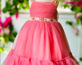Pink Tulle Flower Girl Dress, Sleeveless Lace Bohemian Gown, Hand-Embroidered Toddler Party Dress