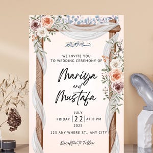Edytowalny szablon zaproszenia ślubnego dla muzułmanów | Karta Nikkah | Zaproszenie Shaadi Baraat Mehndi Walimah | Islamskie zaproszenie Eid do pobrania w formacie cyfrowym Canva