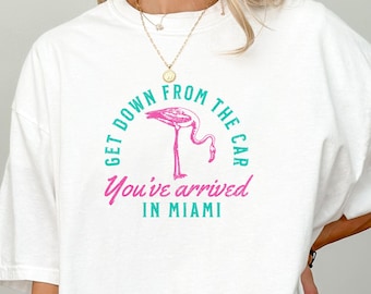Miami Vibes T-Shirt: Garment-Dyed Cotton, Pink Flamingo Design