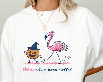 Miami Halloween Comfort Colors T-Shirt: Flamingo Pumpkin Horror Tee
