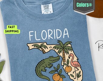 Comfort Colors Florida Map Tee: Flamingo, Gator & Orange Design