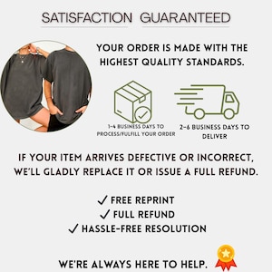 May include: A graphic with the text "SATISFACTION GUARANTEED" and other text that reads "YOUR ORDER IS MADE WITH THE HIGHEST QUALITY STANDARDS." The graphic also includes icons of a box, a truck, and checkmarks.